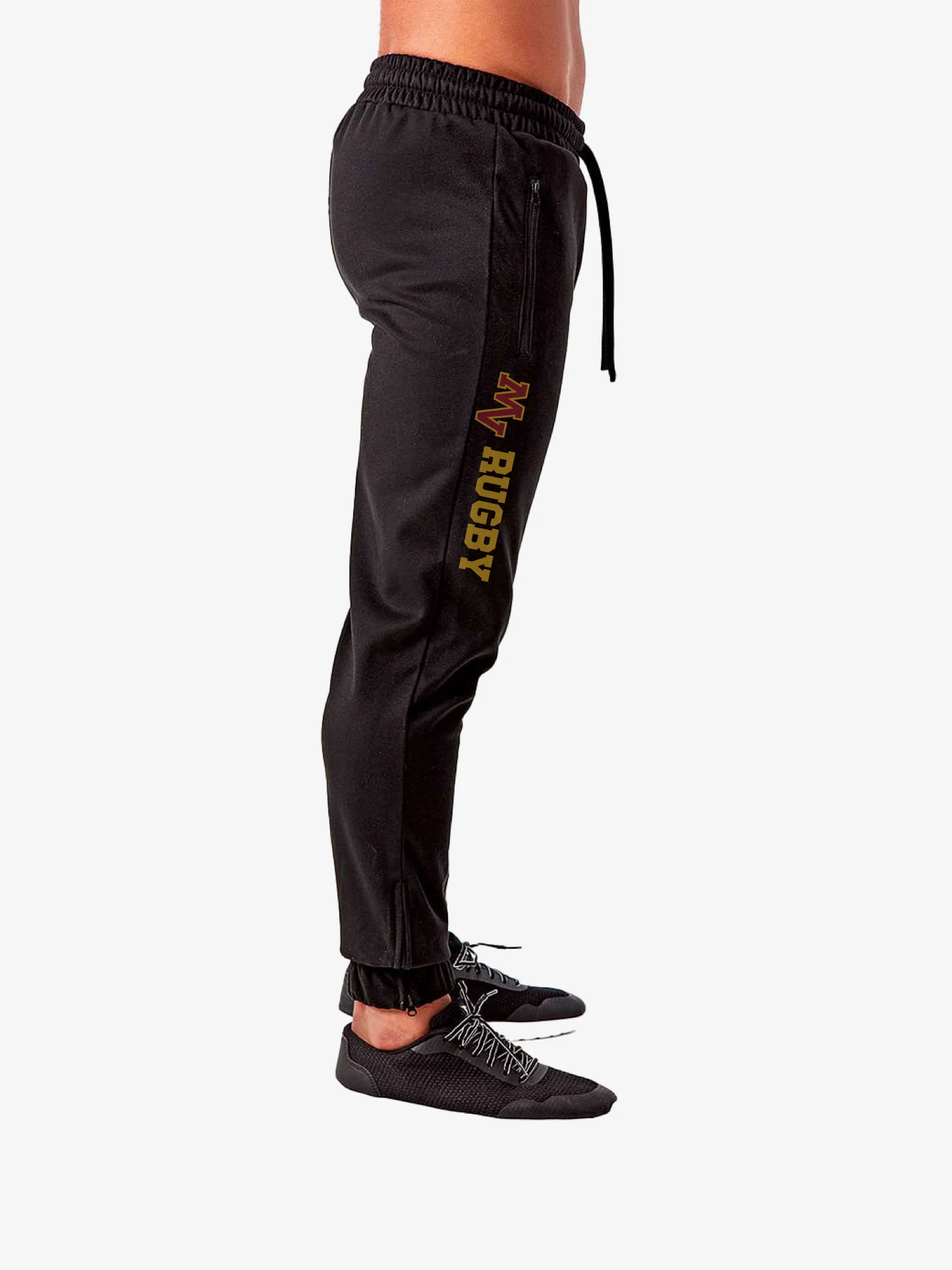 Mountain View Rugby black (side view) performance joggers with vertical team logo