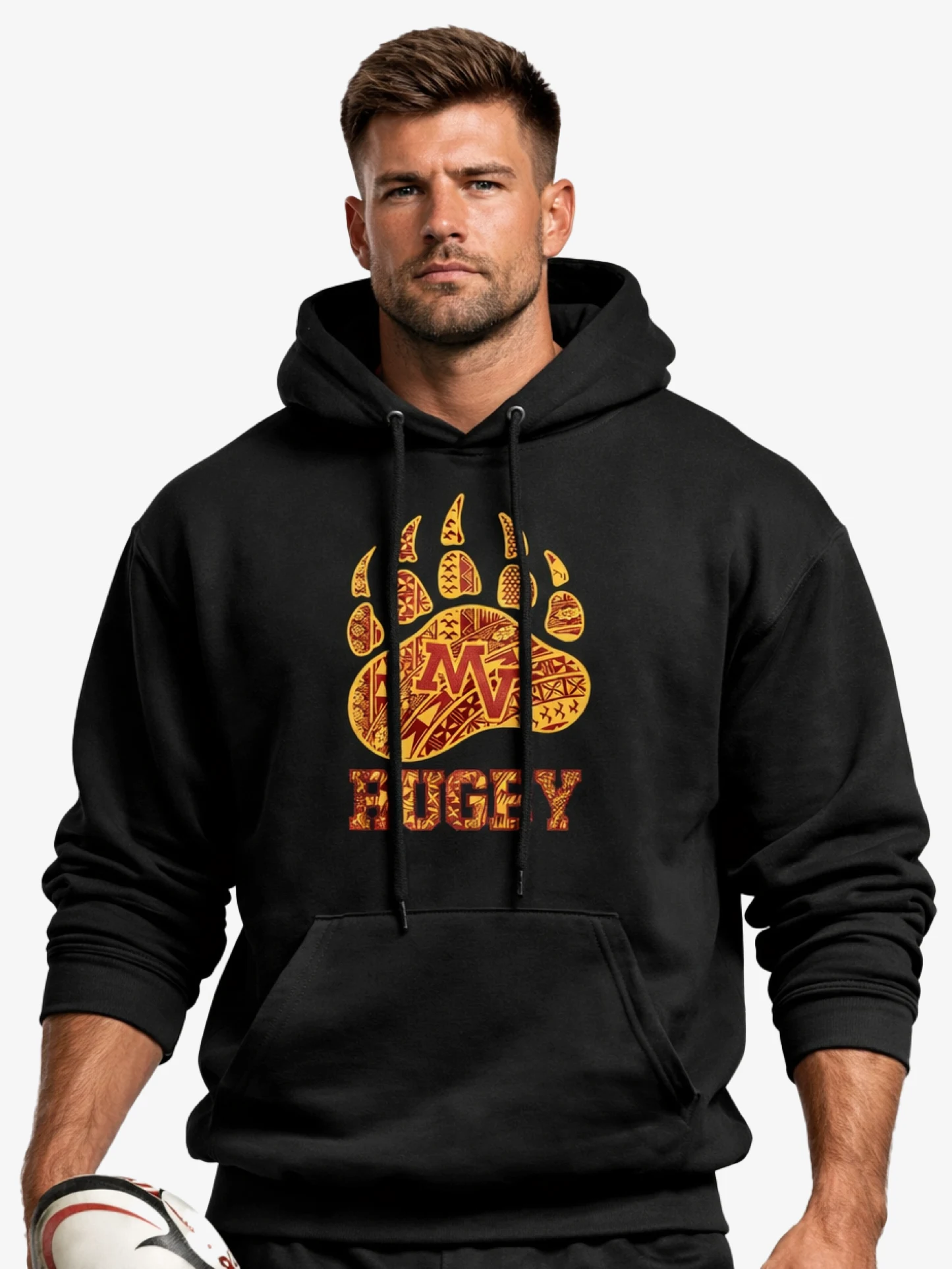 Mountain View Rugby black hoodie with gold Polynesian paw MV Rugby graphic.