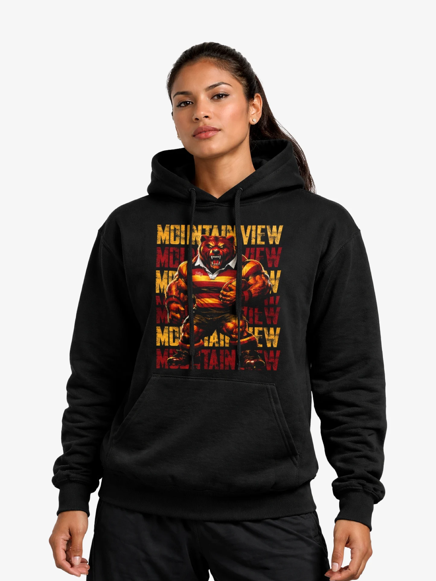 Mountain View Rugby bear graphic black hoodie worn by female athlete.