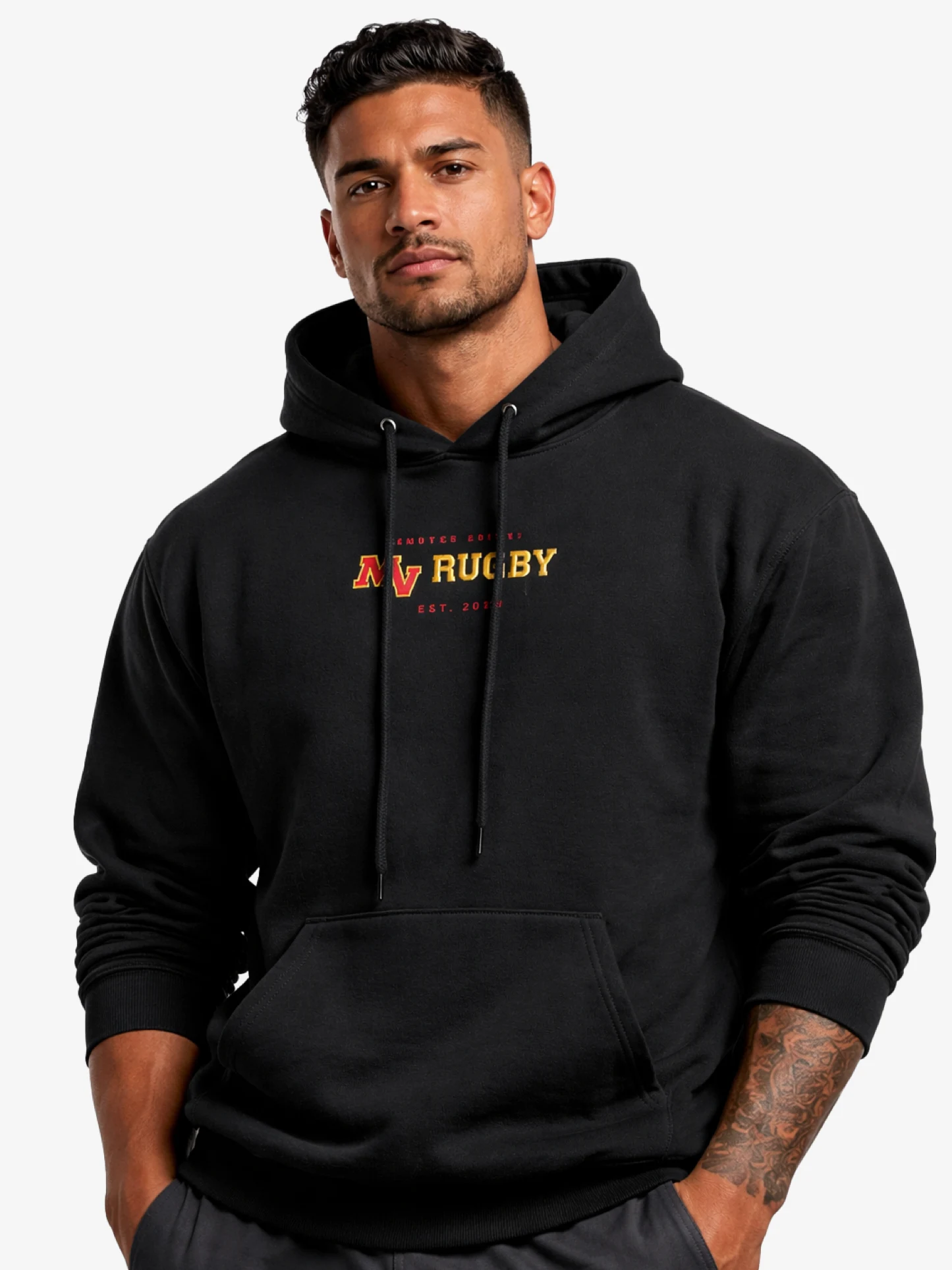 Mountain View Rugby Limited Edition black hoodie with MV Rugby chest logo and EST 2023 flat DTF print