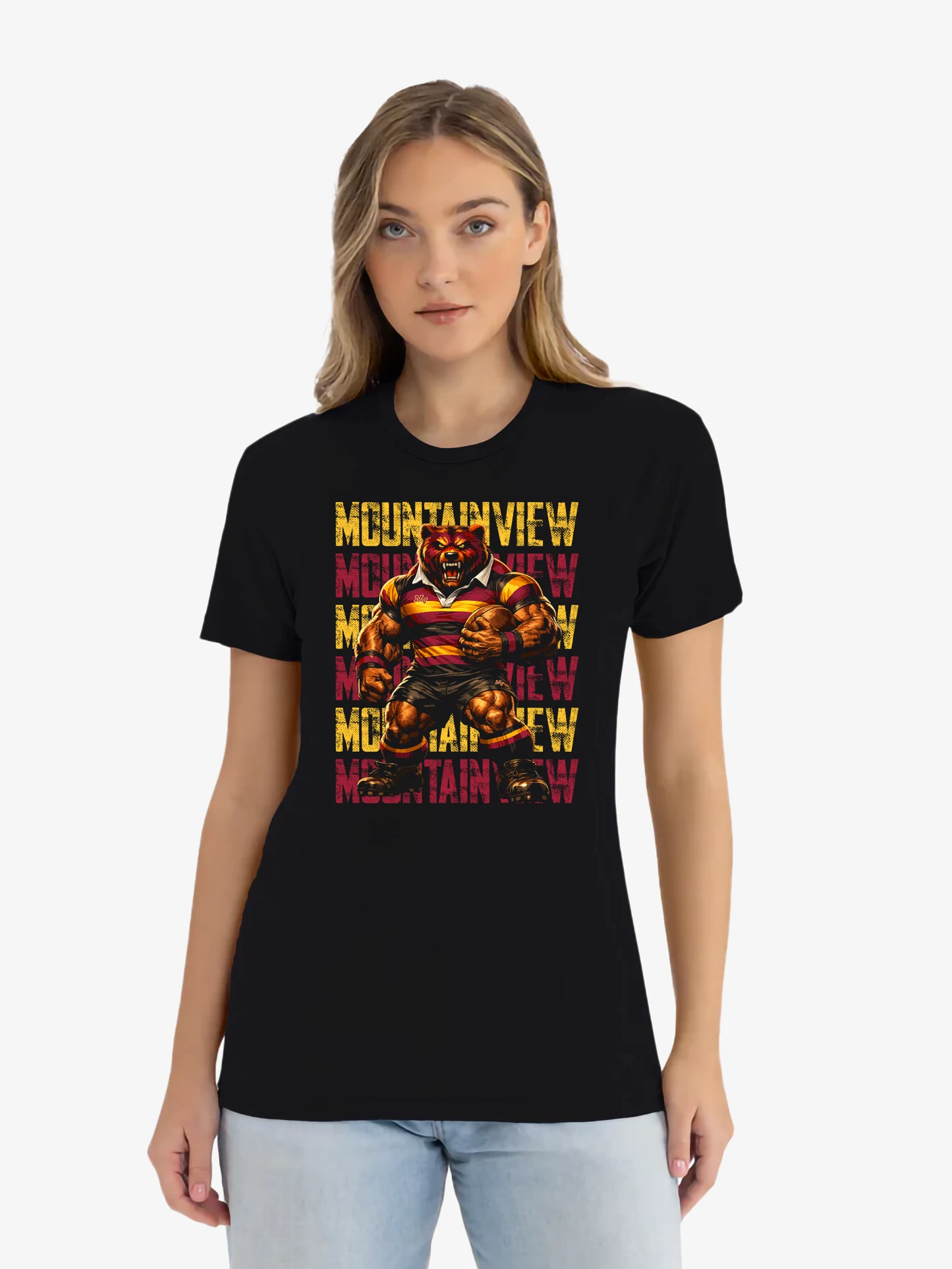Mountain View Rugby Bear Shirt black athletic tee with bold stacked bear graphic