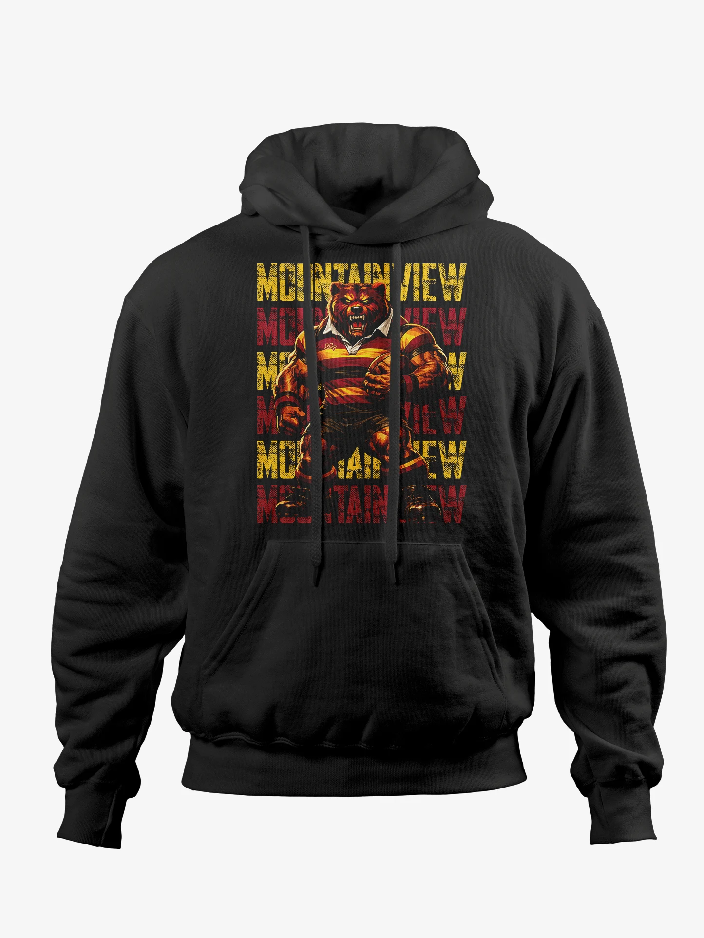 Mountain View Rugby Hoodie OG bear graphic MVHS Rugby bear hoodie Mountain View stacked colors Mountain View High School Rugby black hoodie bear design