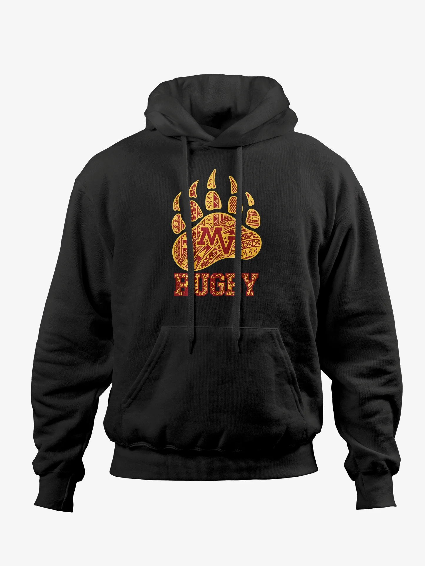 Mountain View Rugby Hoodie PAWLY DZN bear paw design MVHS Rugby Polynesian bear paw hoodie Orem Utah Mountain View High School Rugby black hoodie paw graphic