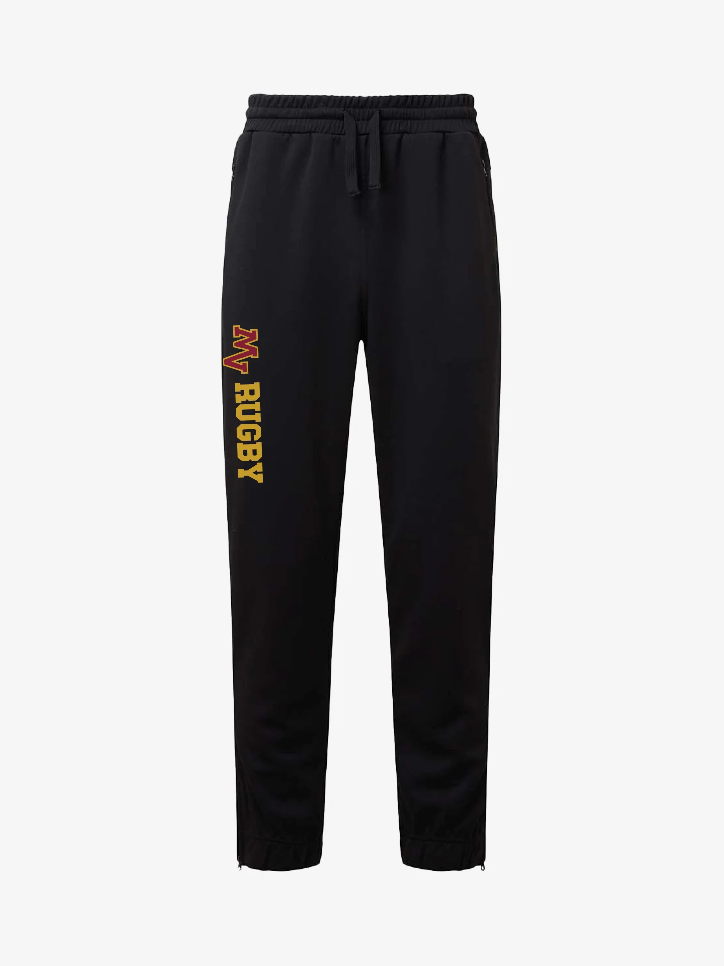 Mountain View Rugby black (front) performance joggers with vertical team logo