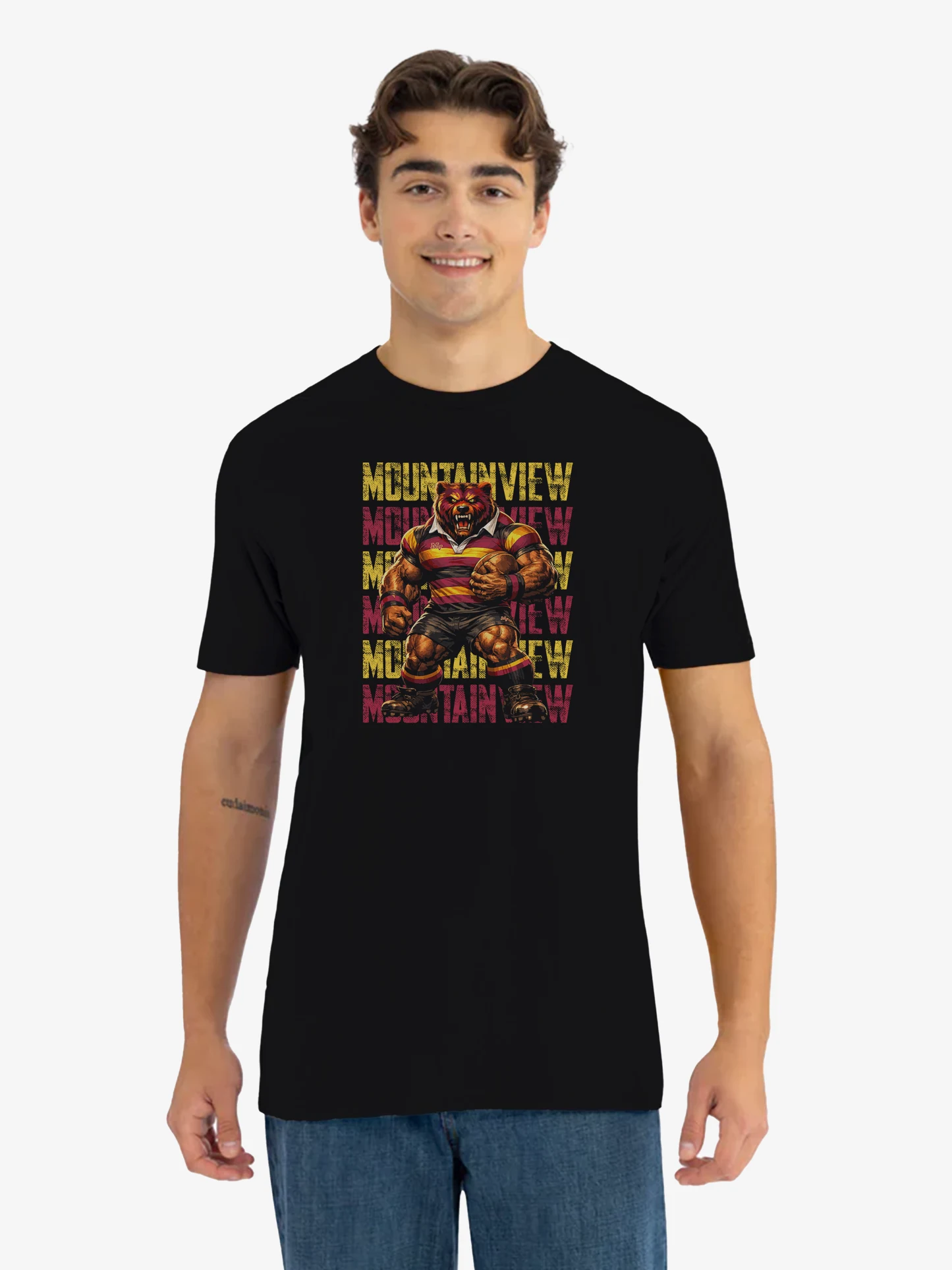 Mountain View Rugby Bear Shirt black athletic tee with bold stacked bear graphic